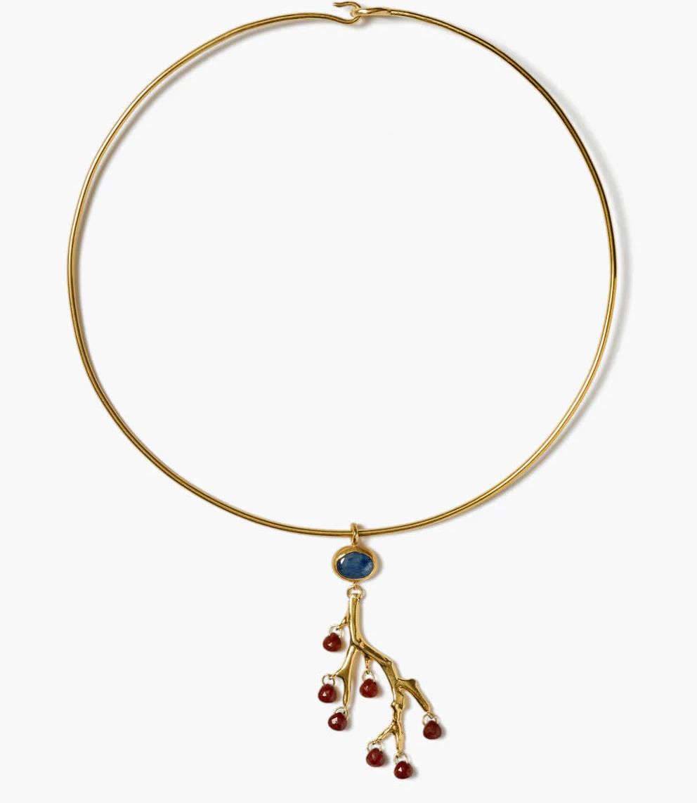 18KY Gold Vermeil Branch Collar w/ Kyanite &amp; Red Jasper-15 1/2&quot;