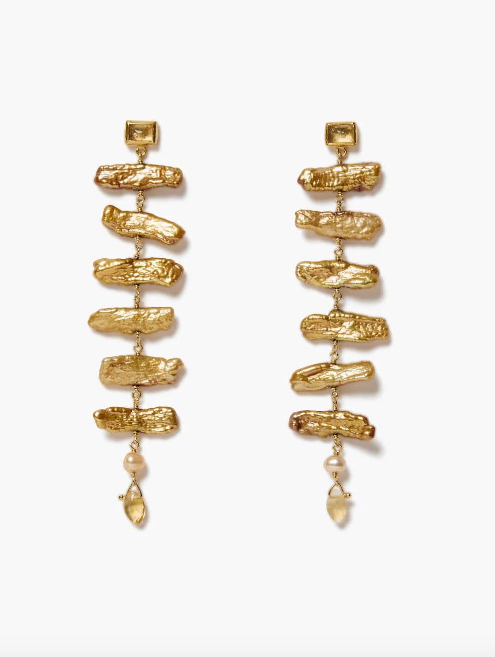 18KY Gold Vermeil Gold Biwa Pearl &amp; Citrine Drop Earrings