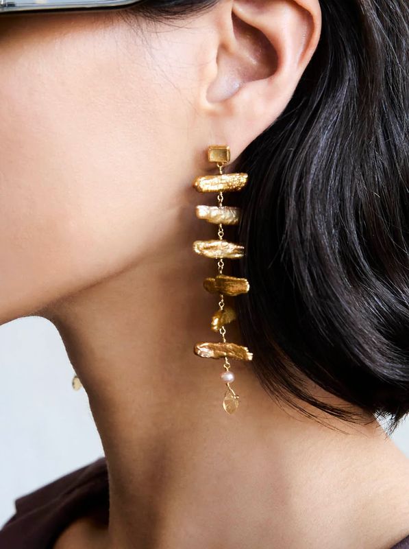 18KY Gold Vermeil Gold Biwa Pearl &amp; Citrine Drop Earrings