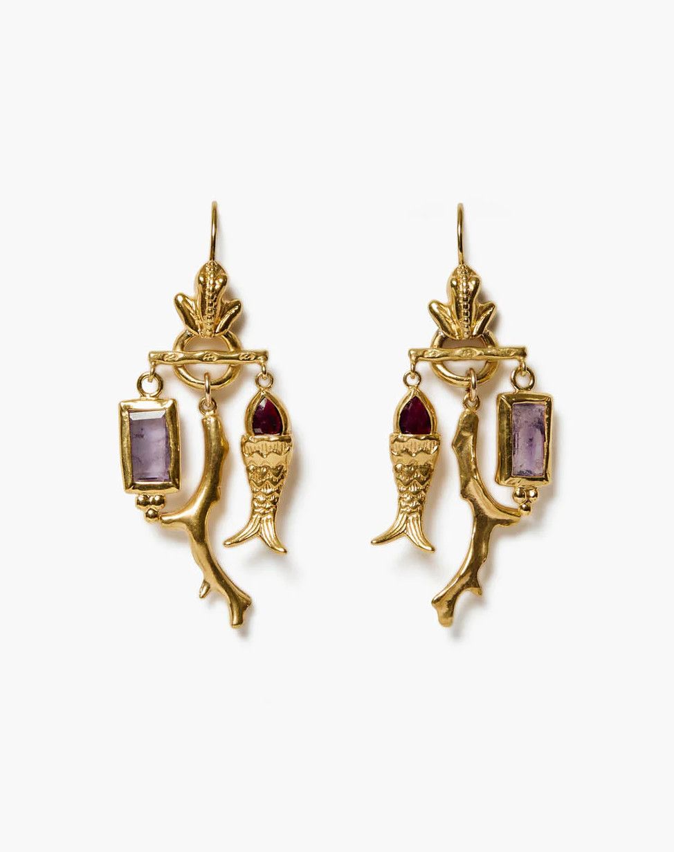 18KY Gold Vermeil Mini Koi Chandelier Earrings w/ Garnet &amp; Amethyst