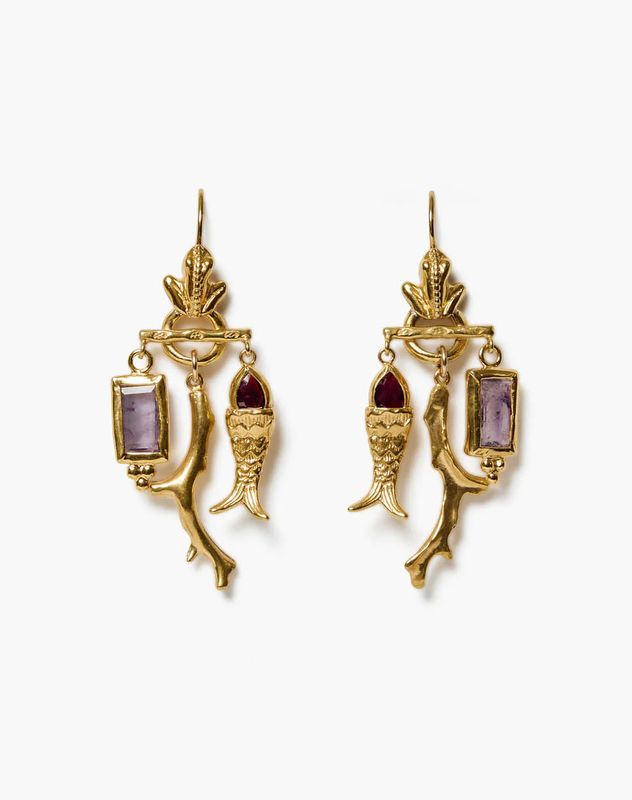 18KY Gold Vermeil Mini Koi Chandelier Earrings w/ Garnet &amp; Amethyst