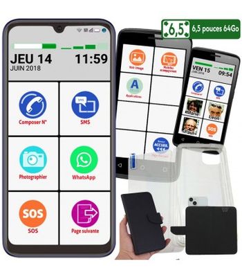 Smartphone Senior 6,5 pouces 64 Go + pochette + coque + vitre protection