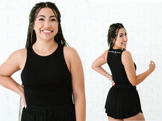 Long Ribbed High Neck Comfort Team Black Tank