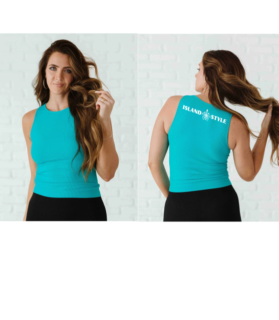 Long Ribbed High Neck Comfort Tank Bluebird