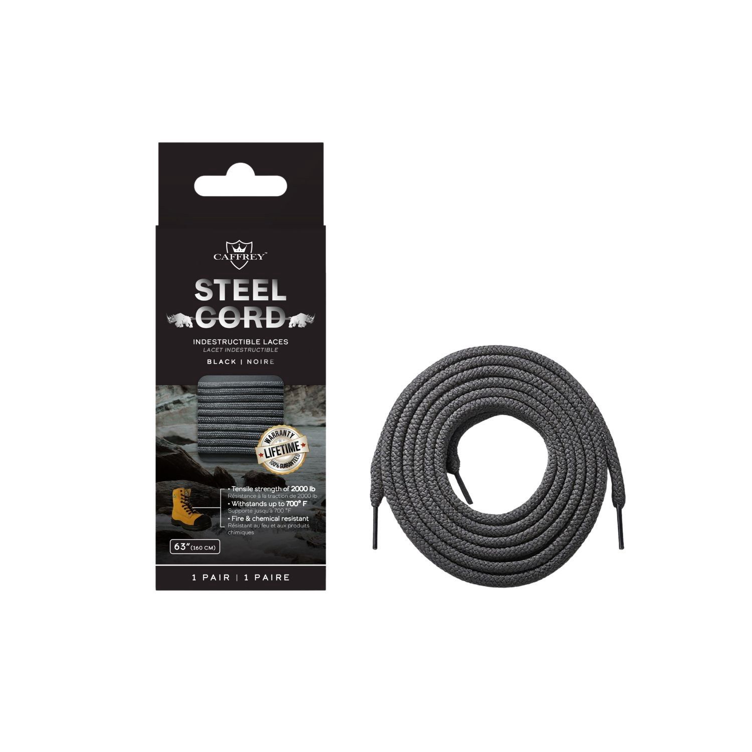 Lacets Caffrey TSC63 Lacets indestructibles en fibre d'aramide, Couleur: Noir, Taille: 63''