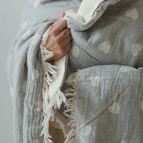 Fleece Lined Throw - Heart, Grey