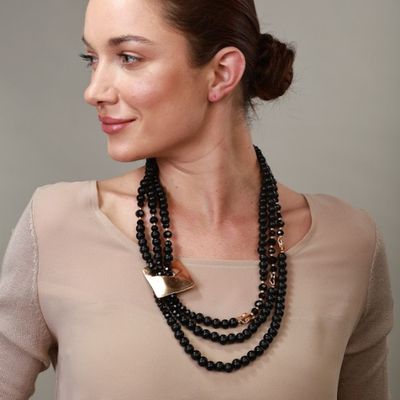 Matte Gold Necklace - Black Wood + Beads