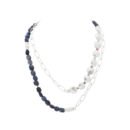 Matte Silver Necklace - Navy Stones + Pearls
