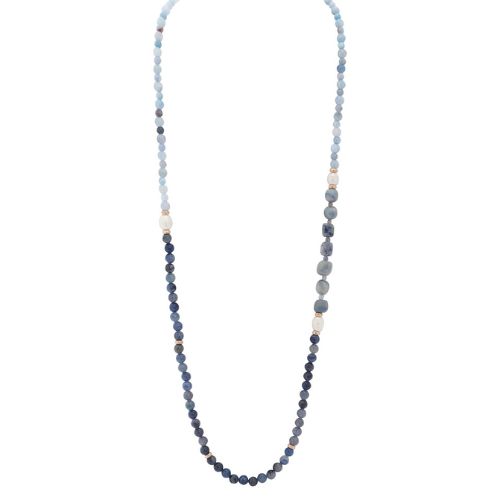 Matte Gold Necklace - Blue Stone + Pearls