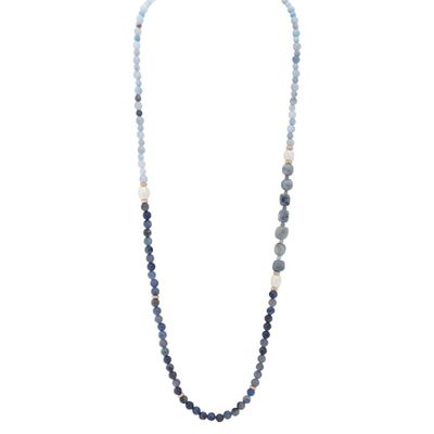 Matte Gold Necklace - Blue Stone + Pearls
