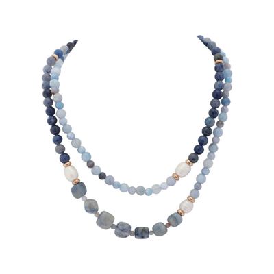 Matte Gold Necklace - Blue Stone + Pearls