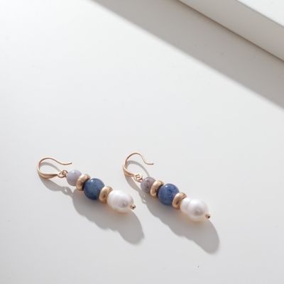 Matte Gold Earring - Blue Stone + Pearls