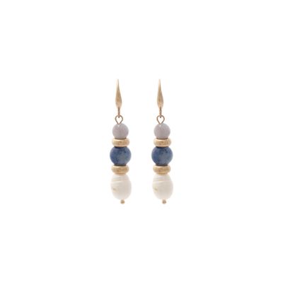 Matte Gold Earring - Blue Stone + Pearls
