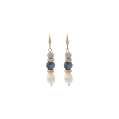 Matte Gold Earring - Blue Stone + Pearls