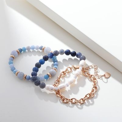 Matte Gold Bracelet - Blue Stone + Pearls