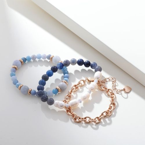 Matte Gold Bracelet - Blue Stone + Pearls