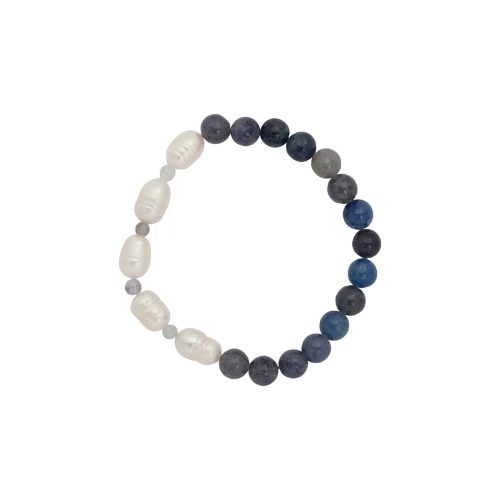 Matte Gold Bracelet - Blue Stone + Pearls