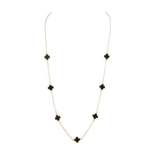 Long Gold Necklace - Black Agate Clovers
