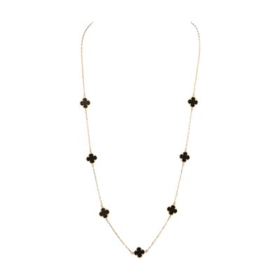 Long Gold Necklace - Black Agate Clovers