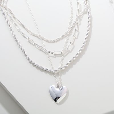 Silver Layered Necklace - Heart