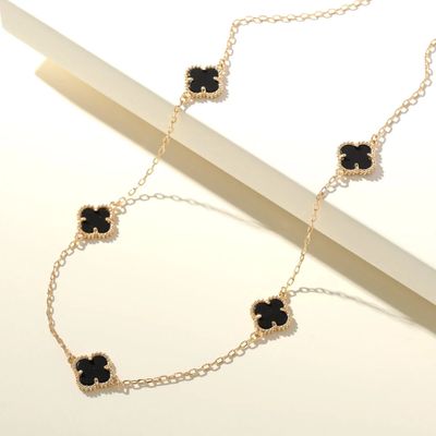 Gold Necklace - Black Agate Clovers