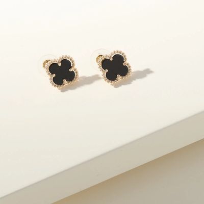Gold Earrings - Black Agate Clover