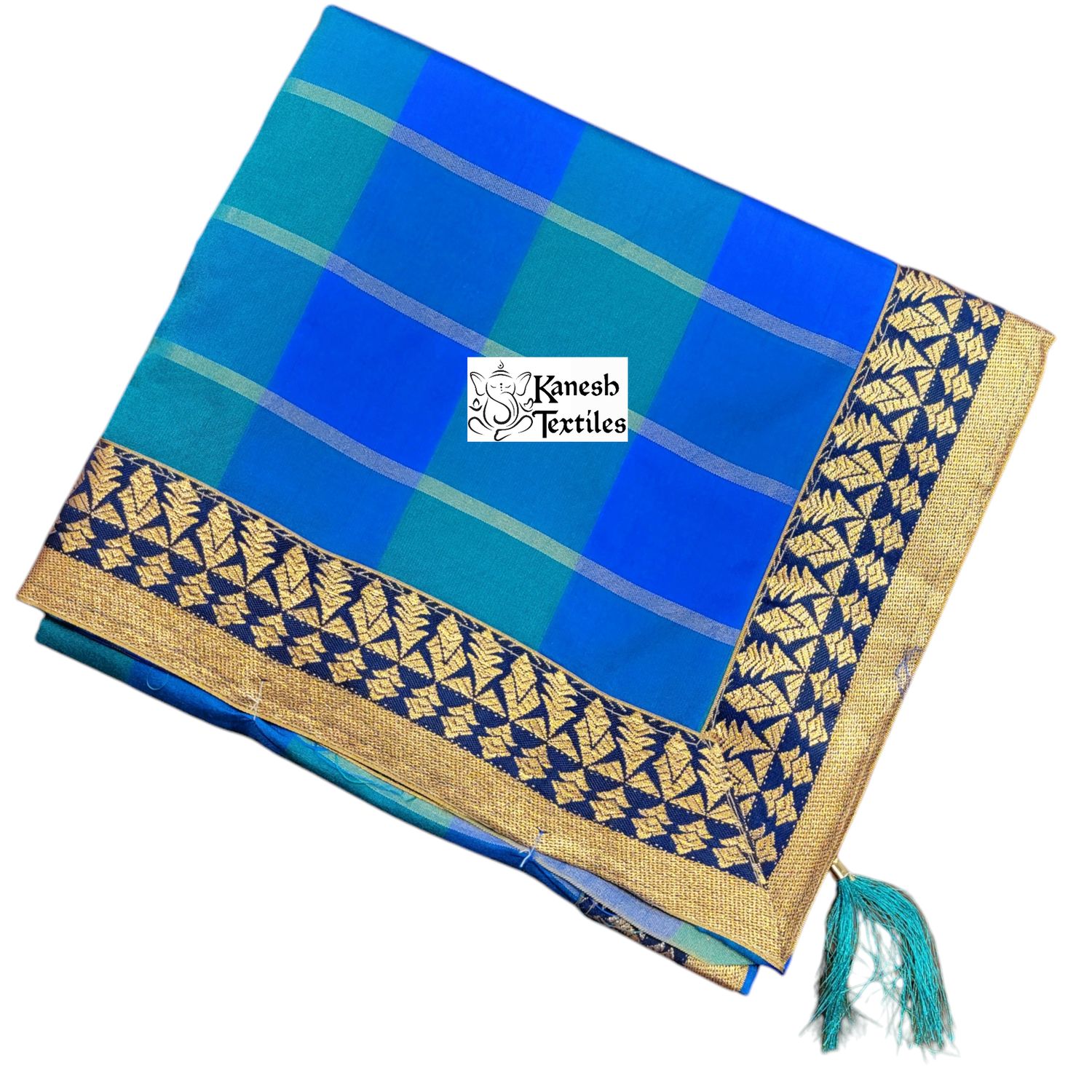 Cotton Silk Checkered Saree with Diamond Border - BLUE/AQUA