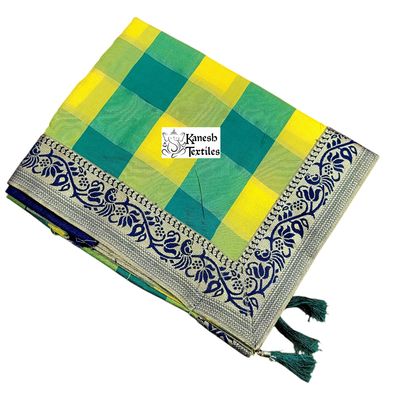 Cotton Silk Checkered Saree with Peacock Border - YELLOW/GREEN