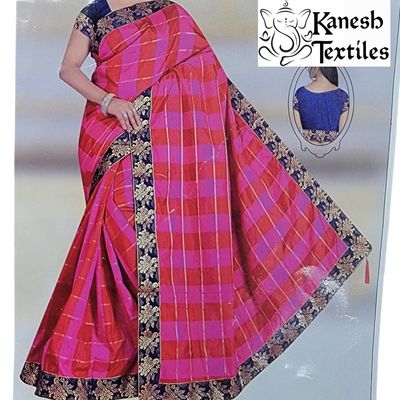 Cotton Silk Checkered Saree with Peacock Border - PINK/RED