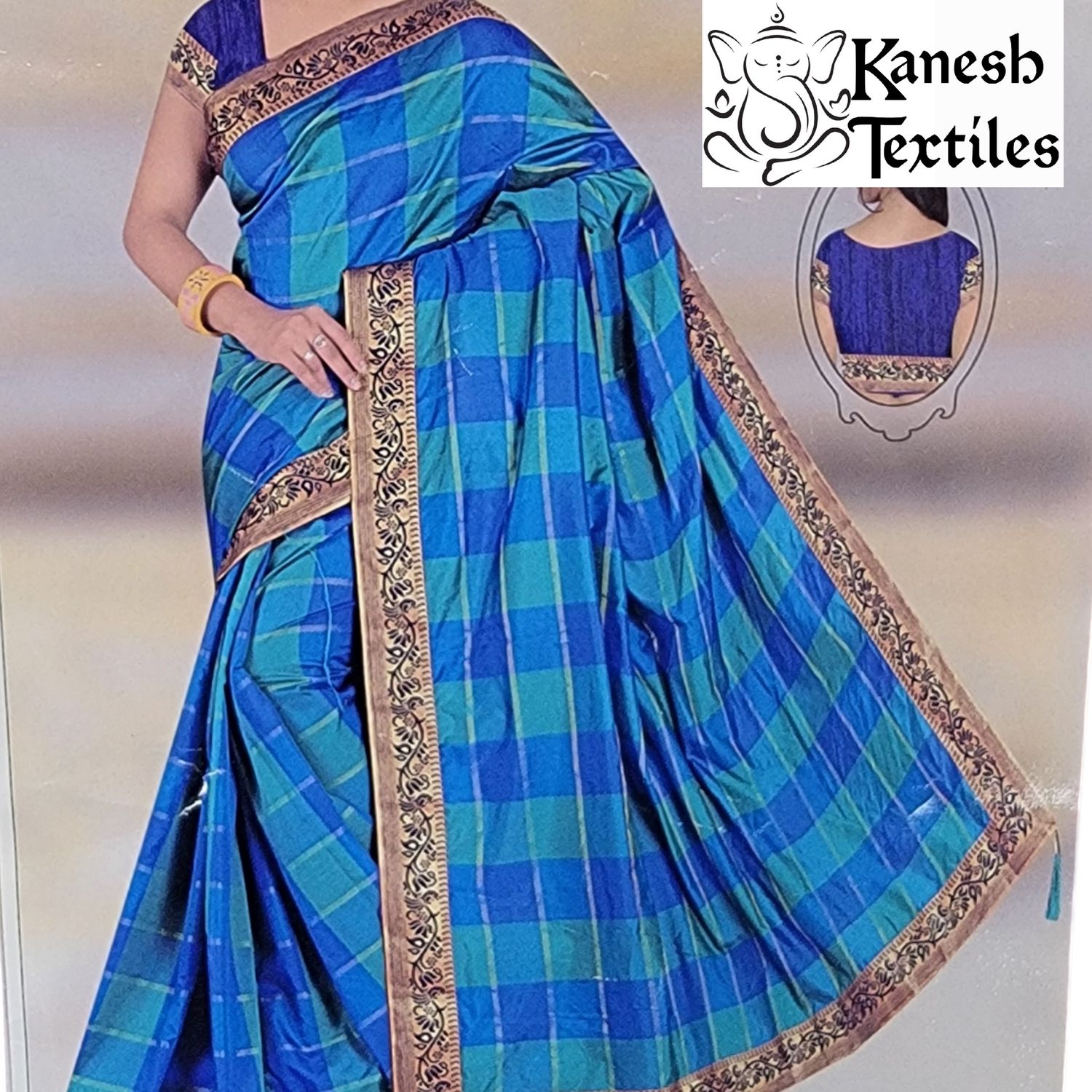 Cotton Silk Checkered Saree with Peacock Border - BLUE/AQUA