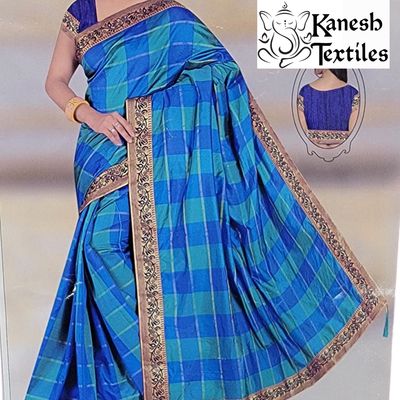 Cotton Silk Checkered Saree with Peacock Border - BLUE/AQUA