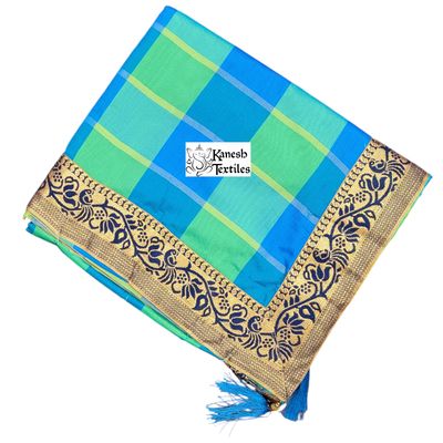 Cotton Silk Checkered Saree with Peacock Border - BLUE/GREEN
