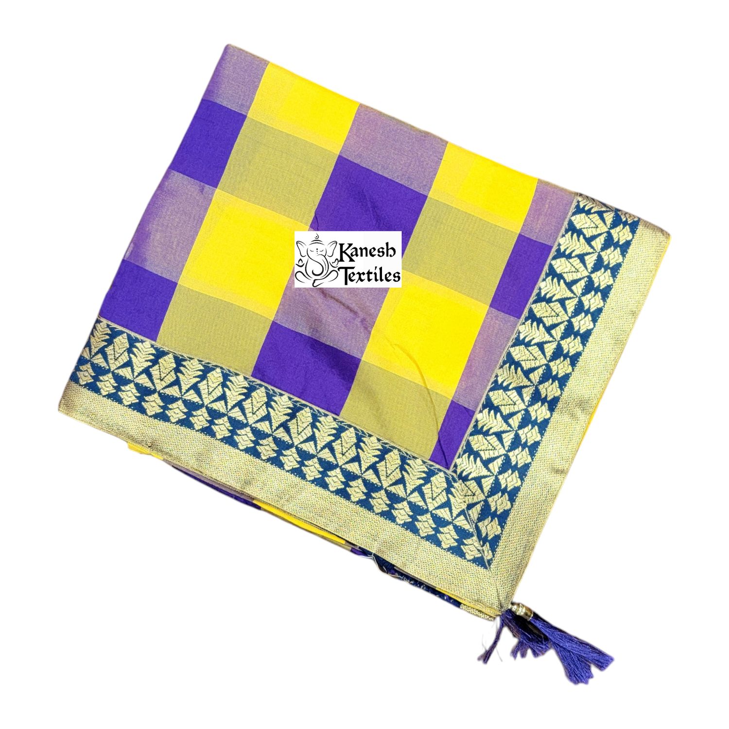 Cotton Silk Checkered Saree with Diamond Border - YELLOW/PURPLE