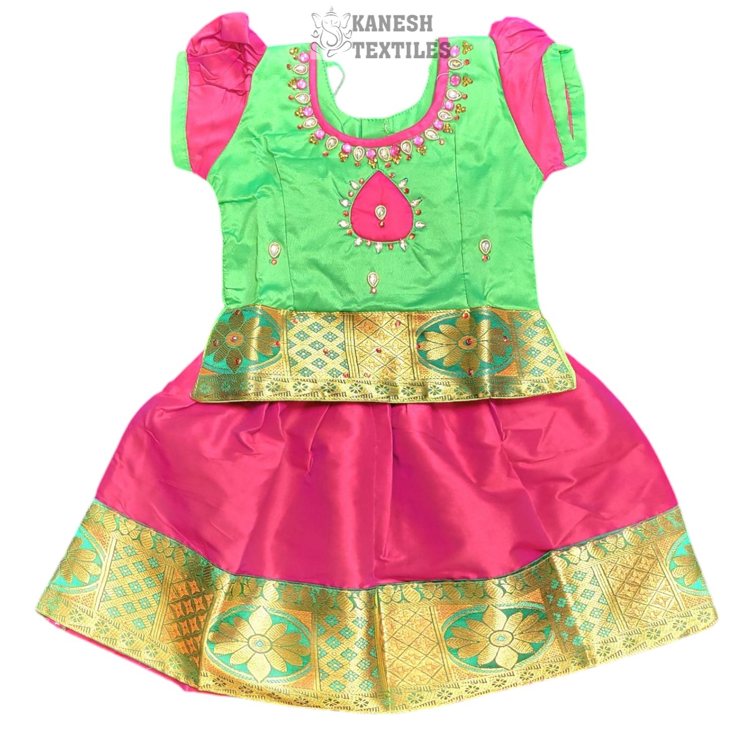 GIRLS PATTU PAVADAI SOFT SILK-GREEN/MAGENTA