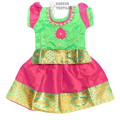 GIRLS PATTU PAVADAI SOFT SILK-GREEN/MAGENTA