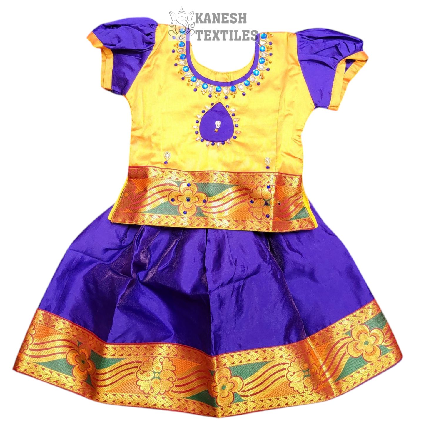 GIRLS PATTU PAVADAI SOFT SILK-YELLOW/PURPLE