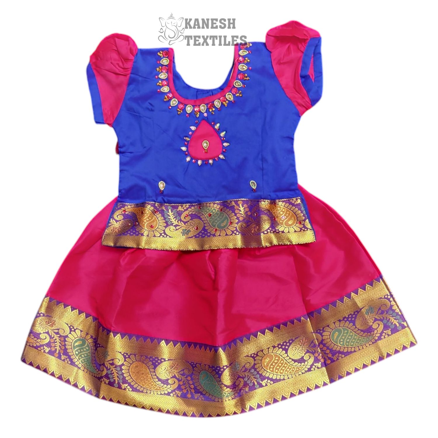 GIRLS PATTU PAVADAI SOFT SILK-BLUE/MAGENTA