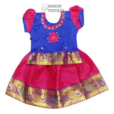 GIRLS PATTU PAVADAI SOFT SILK-BLUE/MAGENTA