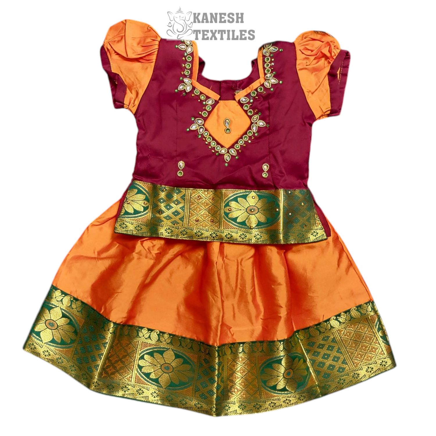GIRLS PATTU PAVADAI SOFT SILK-MAROON/ORANGE