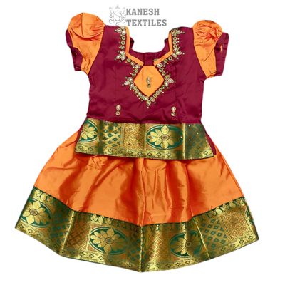 GIRLS PATTU PAVADAI SOFT SILK-MAROON/ORANGE