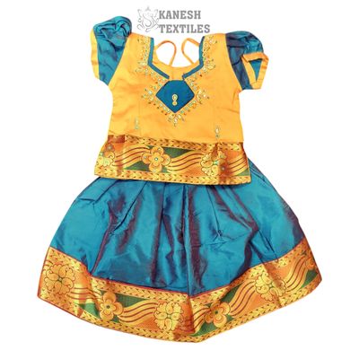 GIRLS PATTU PAVADAI SOFT SILK-YELLOW/TEAL