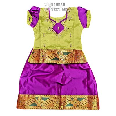 GIRLS PATTU PAVADAI SOFT SILK-LIME GREEN/PURPLE