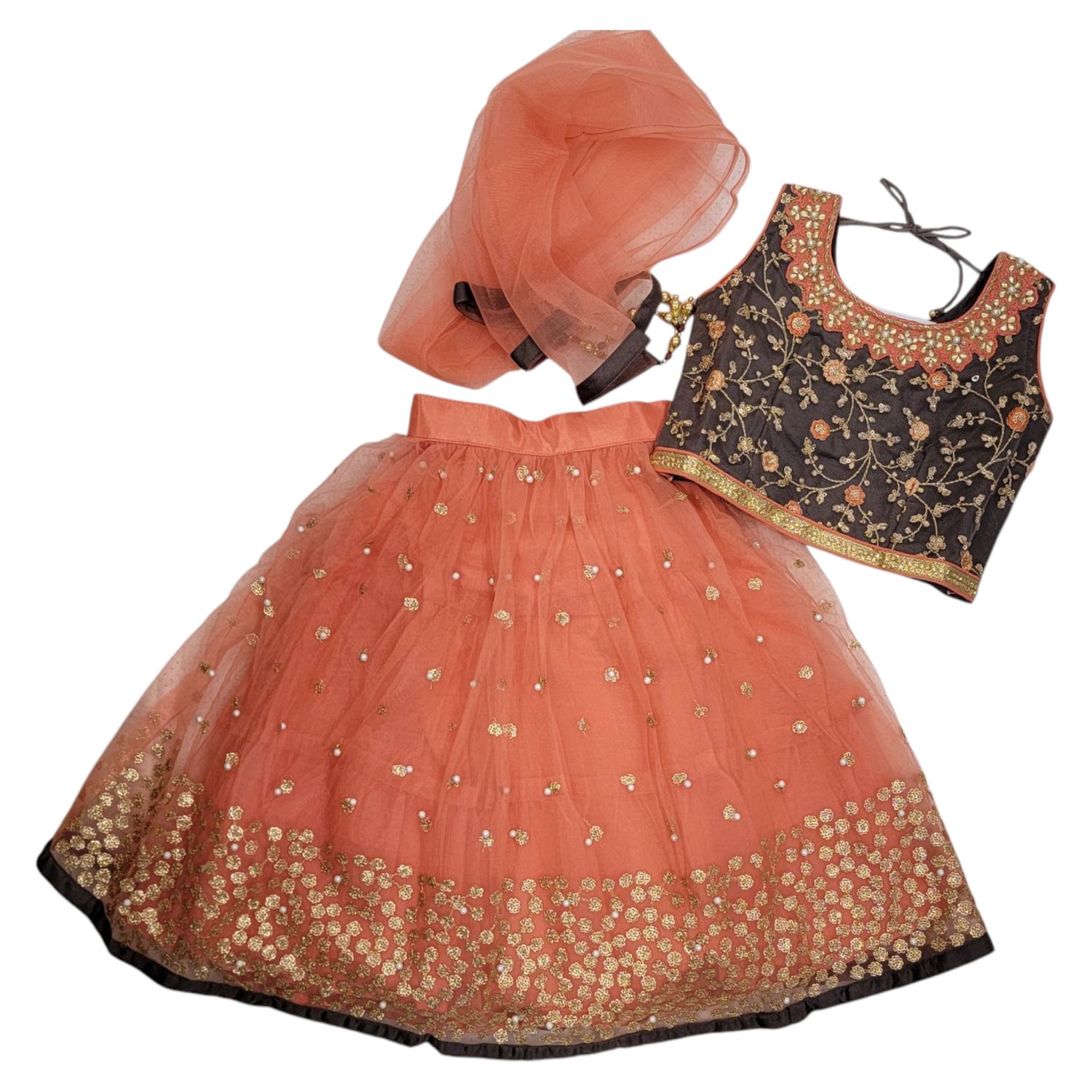 GIRLS LEHENGA - 88 PEACH - GREY