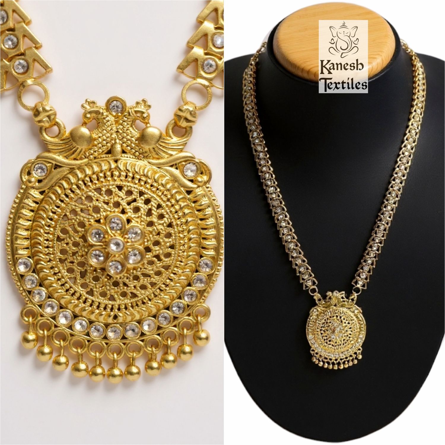 Gold Plated Long Peacock Haaram Necklace with White Diamonds - Sarita