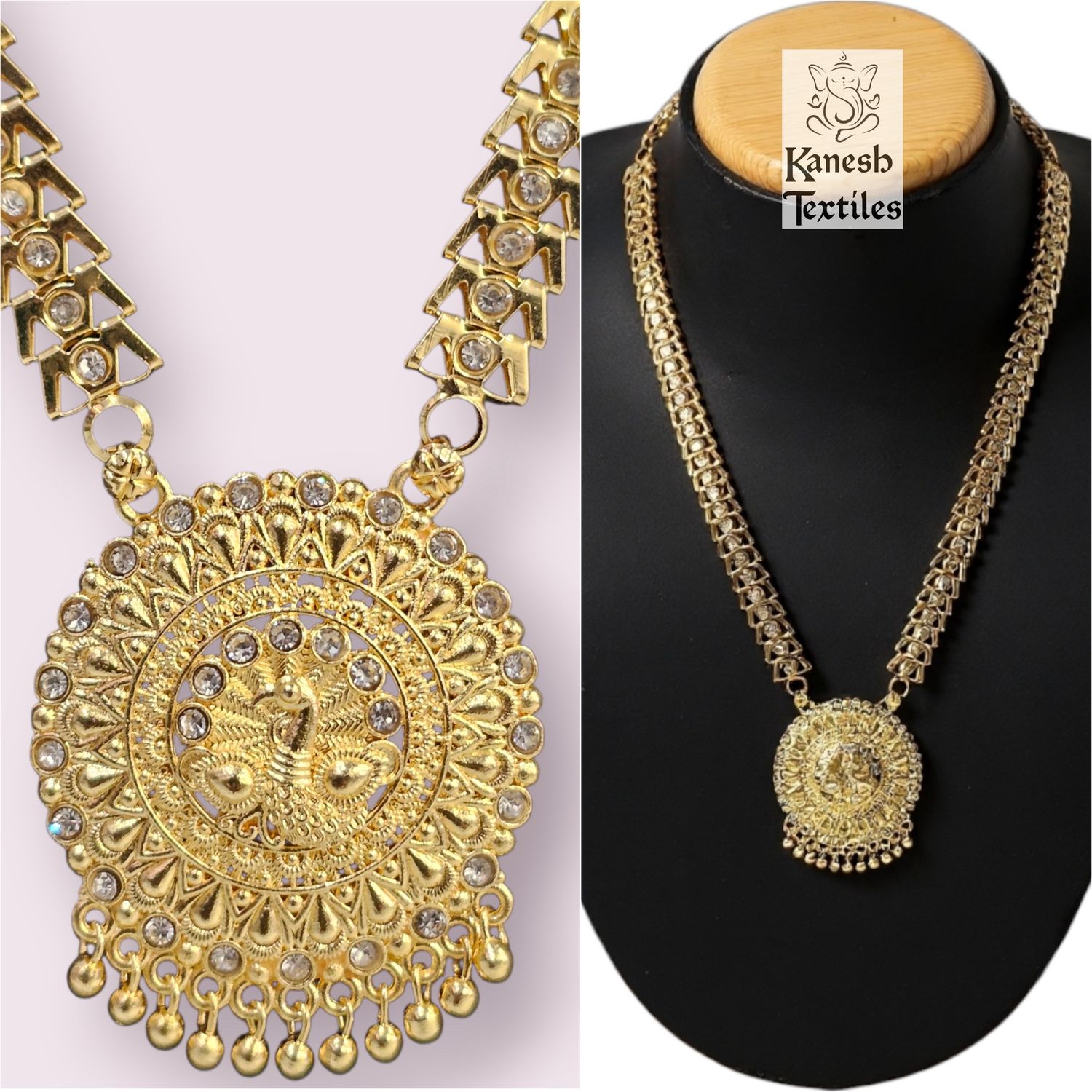 Gold Plated Long Peacock Haaram Necklace with White Diamonds - Jayanti