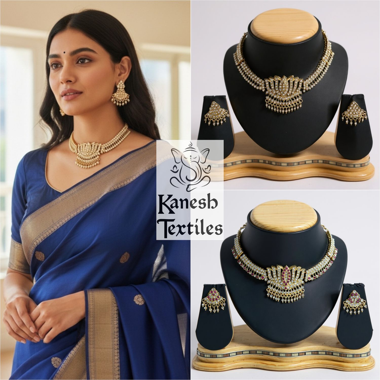 Gold Plated Crystal Addigai Necklace, Temple Jewelry - White/Pink Sara