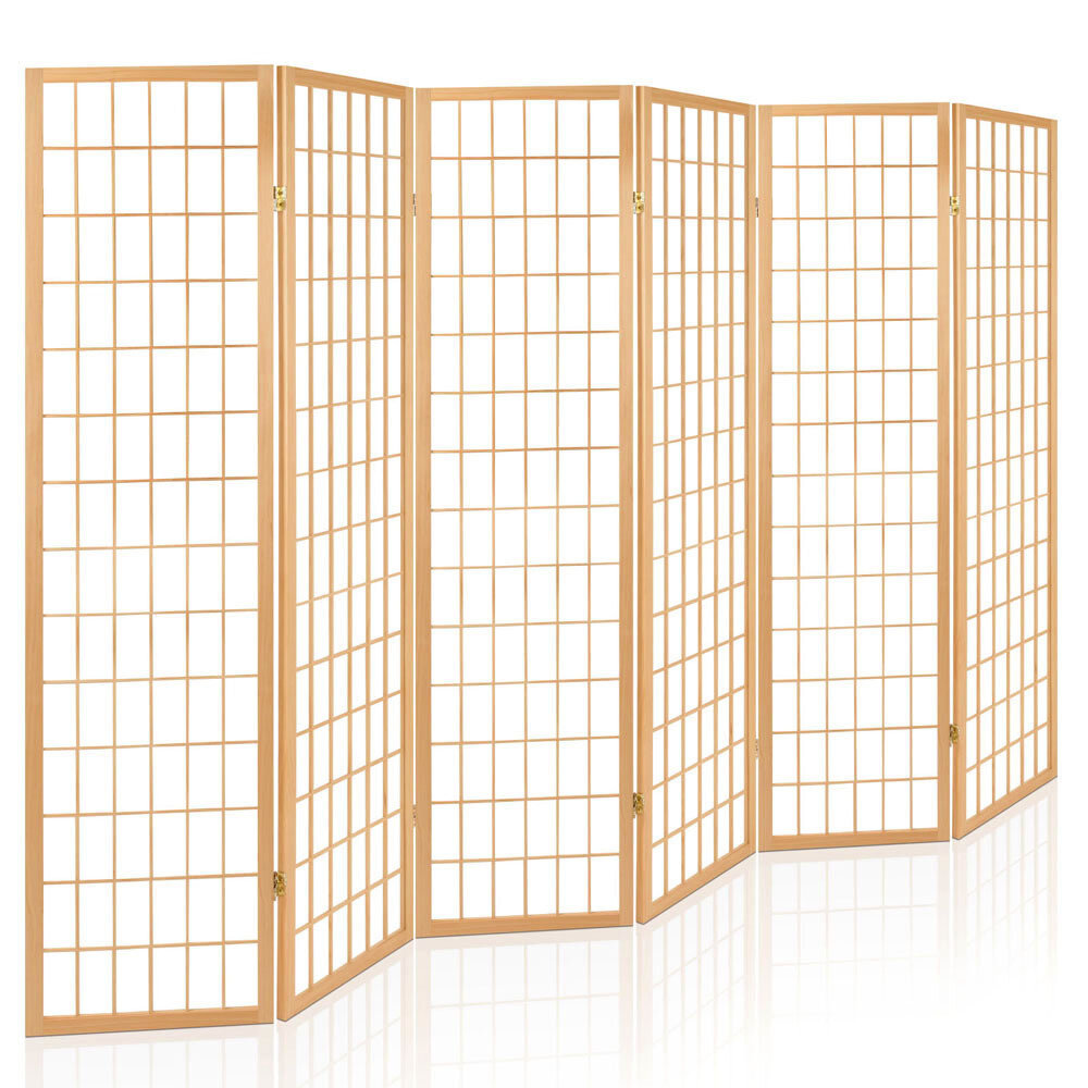 New 6 Panel Room Divider Privacy Screen Foldable Pine Wood Stand Natural