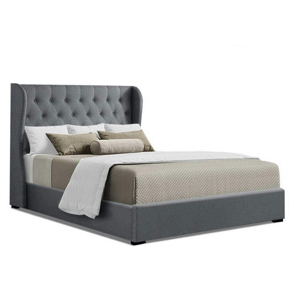 New Queen Size Gas Lift Bed Frame Base With Storage Mattress Grey Fabric Wooden