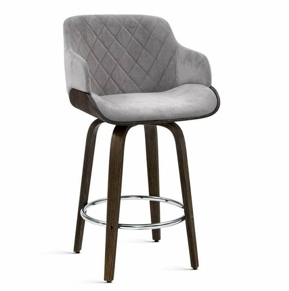New 1x Kitchen Bar Stools Wooden Bar Stool Chairs Swivel Velvet Fabric Grey