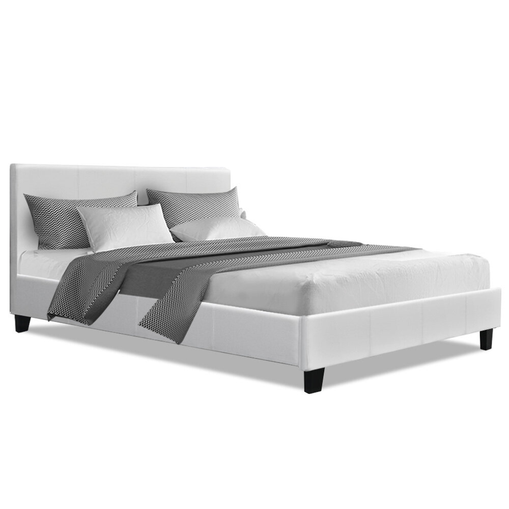 New Bed Frame Double Size Base Mattress Platform Leather Wooden White NEO